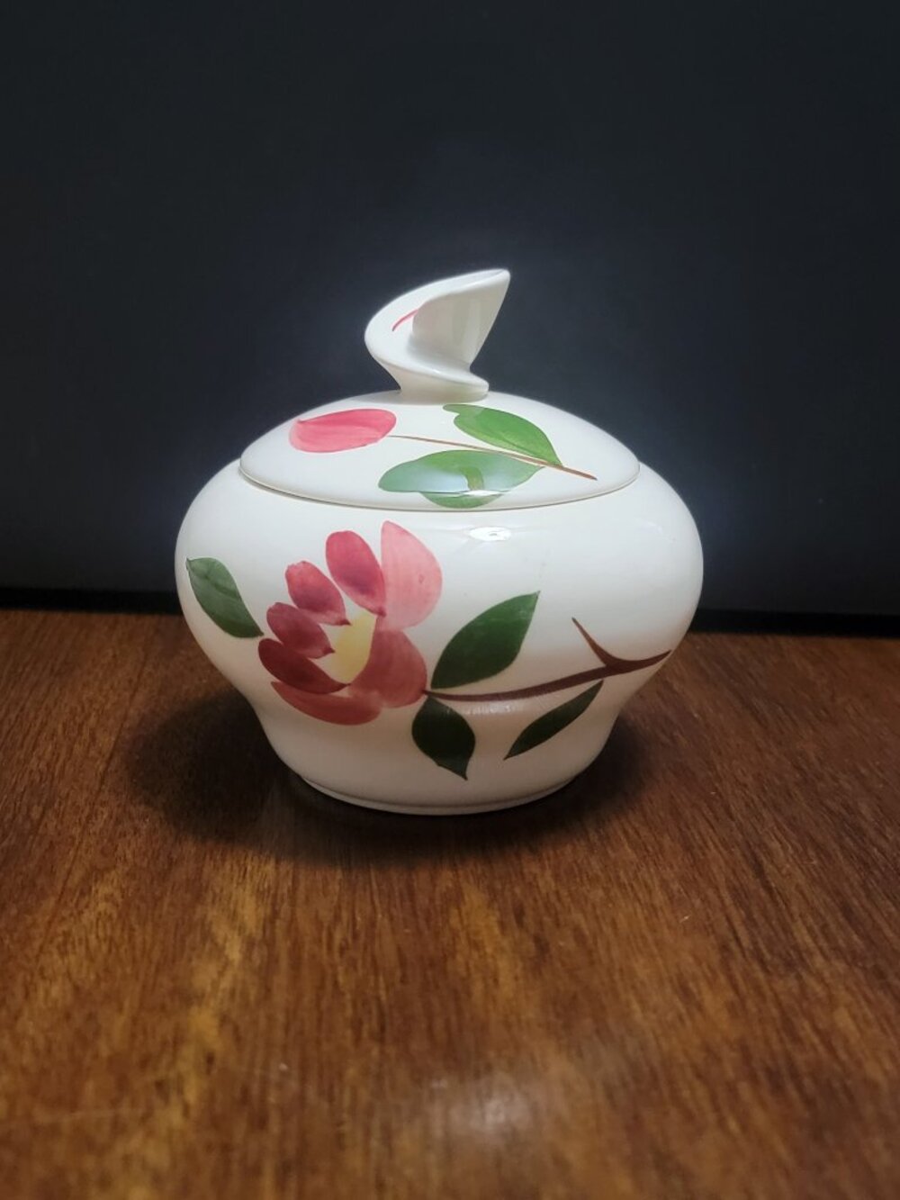 Vintage Mid Century Covered Sugar Bowl Pink Floral Green Leaf Lidded Dish
